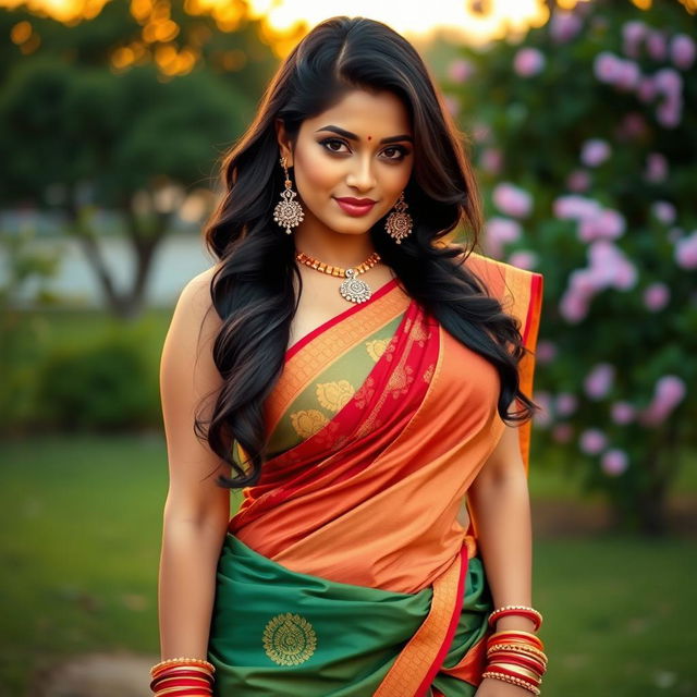 A beautiful Indian woman with a curvy figure elegantly dressed in a traditional saree that artfully reveals her midriff, showcasing her navel