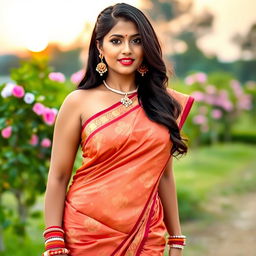 A beautiful Indian woman with a curvy figure elegantly dressed in a traditional saree that artfully reveals her midriff, showcasing her navel