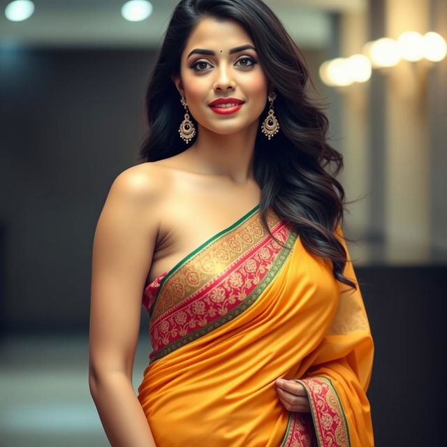 A beautiful Indian woman wearing a saree, showcasing a flattering silhouette that accentuates her curves, with the saree draped elegantly around her waist, revealing her navel