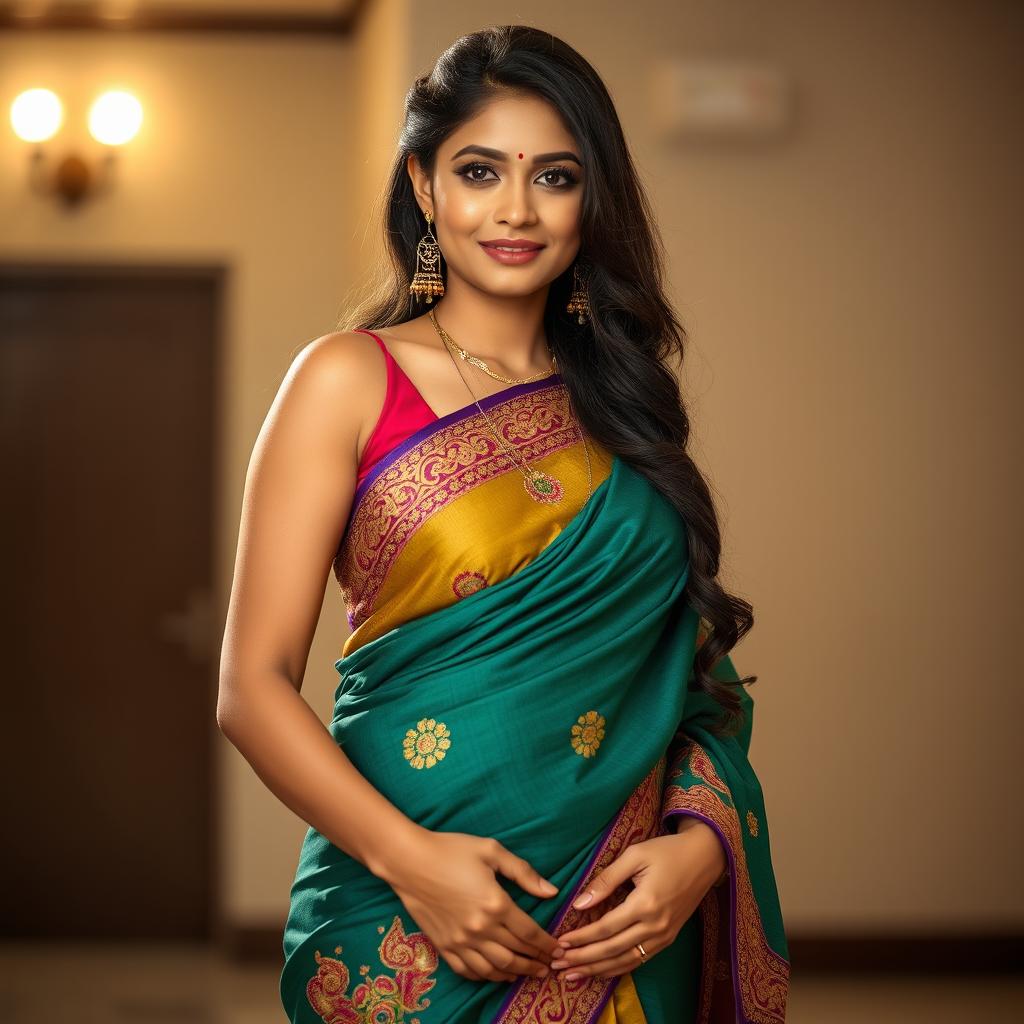 A beautiful Indian woman wearing a saree, showcasing a flattering silhouette that accentuates her curves, with the saree draped elegantly around her waist, revealing her navel