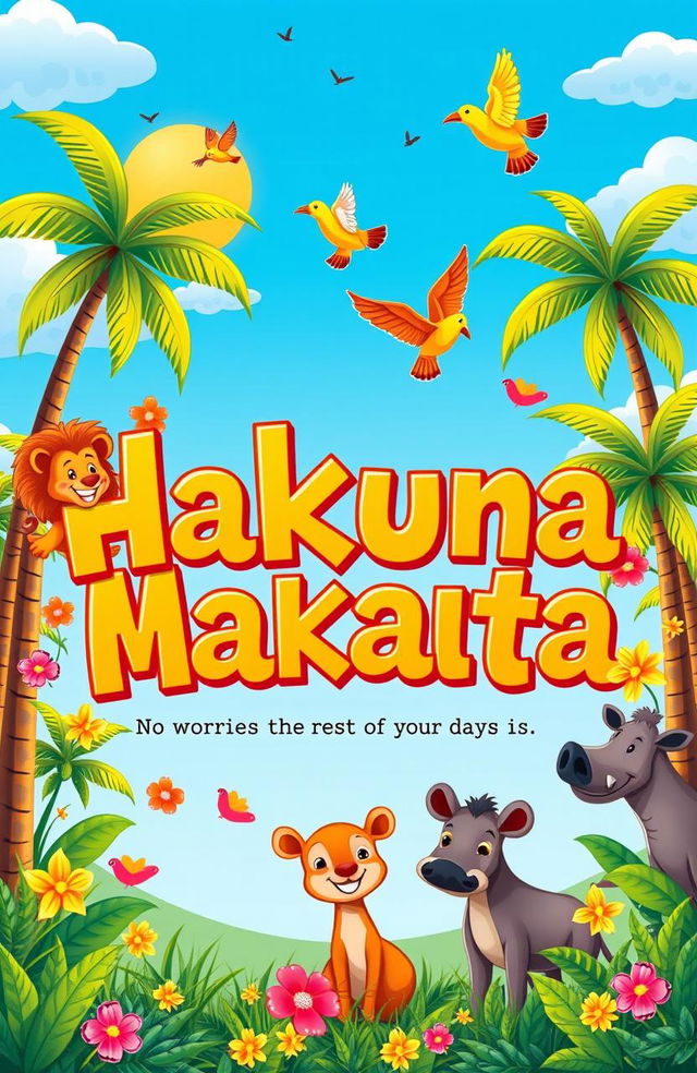 A vibrant and playful illustration featuring the phrase 'Hakuna Matata' in a whimsical font