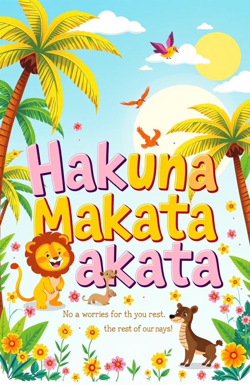 A vibrant and playful illustration featuring the phrase 'Hakuna Matata' in a whimsical font