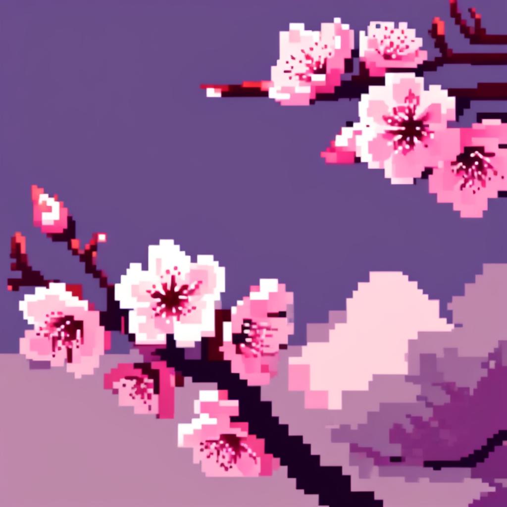 Pixel art PFP featuring a delicate cherry blossom against a twilight purple background.