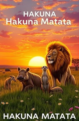 A tranquil scene depicting the essence of 'Hakuna Matata', featuring a vibrant sunset over a serene savannah landscape