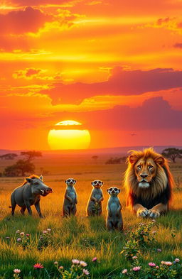 A tranquil scene depicting the essence of 'Hakuna Matata', featuring a vibrant sunset over a serene savannah landscape