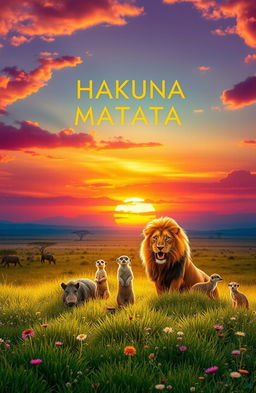 A tranquil scene depicting the essence of 'Hakuna Matata', featuring a vibrant sunset over a serene savannah landscape