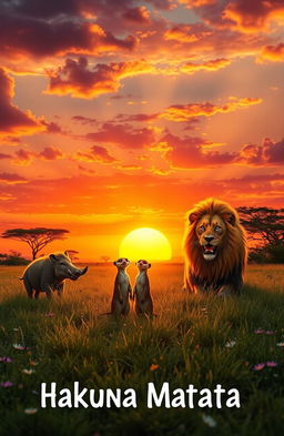 A tranquil scene depicting the essence of 'Hakuna Matata', featuring a vibrant sunset over a serene savannah landscape