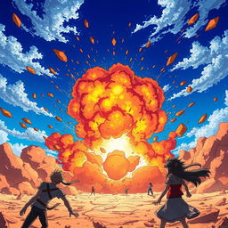 An epic anime-style scene depicting a massive explosion in a vibrant, chaotic landscape