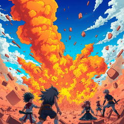 An epic anime-style scene depicting a massive explosion in a vibrant, chaotic landscape
