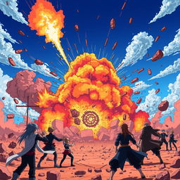 An epic anime-style scene depicting a massive explosion in a vibrant, chaotic landscape