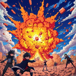 An epic anime-style scene depicting a massive explosion in a vibrant, chaotic landscape