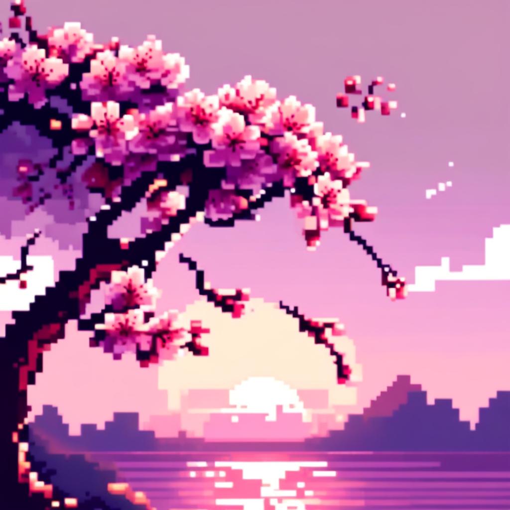 Pixel art PFP featuring a delicate cherry blossom against a twilight purple background.