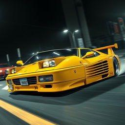 A thrilling depiction of a 1992 Ferrari 512 Testarossa, exquisitely rendered in a vivid yellow color, embodying a Japanese tuning race style that enhances its performance and aesthetics