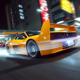A thrilling depiction of a 1992 Ferrari 512 Testarossa, exquisitely rendered in a vivid yellow color, embodying a Japanese tuning race style that enhances its performance and aesthetics