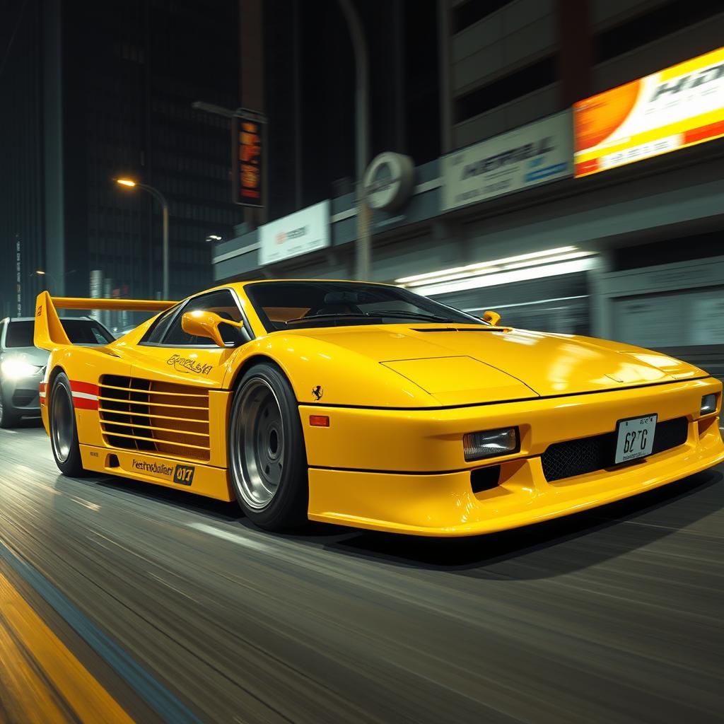 A thrilling depiction of a 1992 Ferrari 512 Testarossa, exquisitely rendered in a vivid yellow color, embodying a Japanese tuning race style that enhances its performance and aesthetics