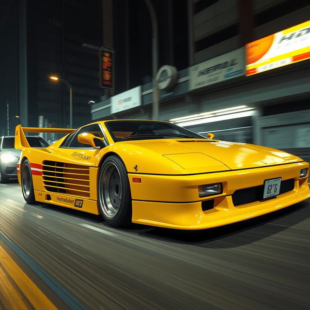 A thrilling depiction of a 1992 Ferrari 512 Testarossa, exquisitely rendered in a vivid yellow color, embodying a Japanese tuning race style that enhances its performance and aesthetics