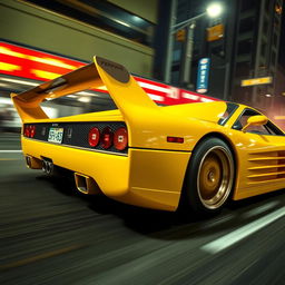 A thrilling depiction of a 1992 Ferrari 512 Testarossa, exquisitely rendered in a vivid yellow color, embodying a Japanese tuning race style that enhances its performance and aesthetics