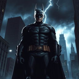 A dramatic scene of Christian Bale as Batman in a dark, dystopian cityscape inspired by 'The Dark Knight Returns'