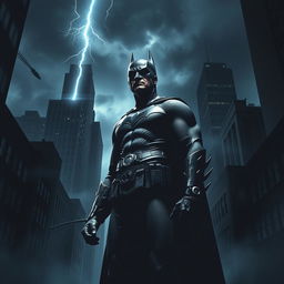 A dramatic scene of Christian Bale as Batman in a dark, dystopian cityscape inspired by 'The Dark Knight Returns'