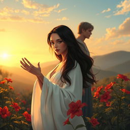 A captivating illustration of 'Noli me tangere', depicting a serene and emotional scene set in a lush garden at twilight