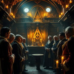 An intricate and mysterious scene depicting a Masonic lodge interior, featuring ornate woodwork, symbolic artifacts such as the square and compass, and an illuminated altar with candles casting warm, flickering light