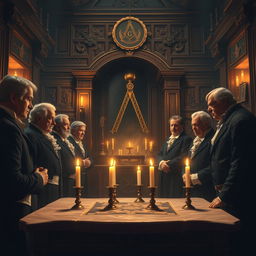 An intricate and mysterious scene depicting a Masonic lodge interior, featuring ornate woodwork, symbolic artifacts such as the square and compass, and an illuminated altar with candles casting warm, flickering light