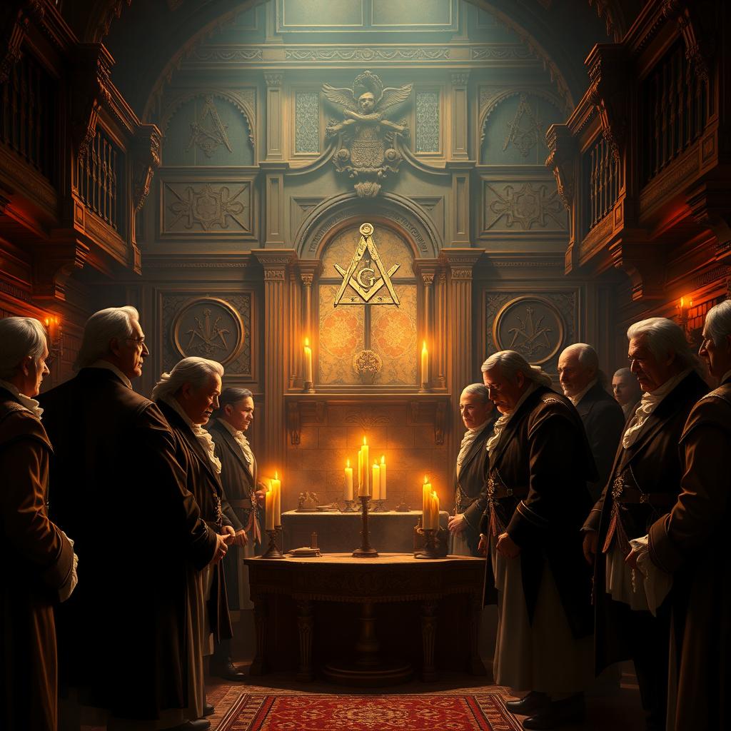 An intricate and mysterious scene depicting a Masonic lodge interior, featuring ornate woodwork, symbolic artifacts such as the square and compass, and an illuminated altar with candles casting warm, flickering light