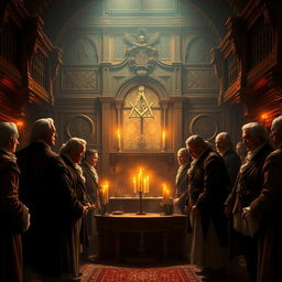 An intricate and mysterious scene depicting a Masonic lodge interior, featuring ornate woodwork, symbolic artifacts such as the square and compass, and an illuminated altar with candles casting warm, flickering light