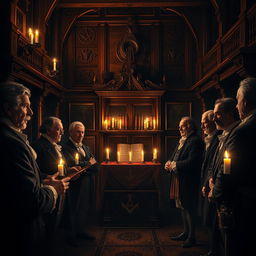 An intricate and mysterious scene depicting a Masonic lodge interior, featuring ornate woodwork, symbolic artifacts such as the square and compass, and an illuminated altar with candles casting warm, flickering light