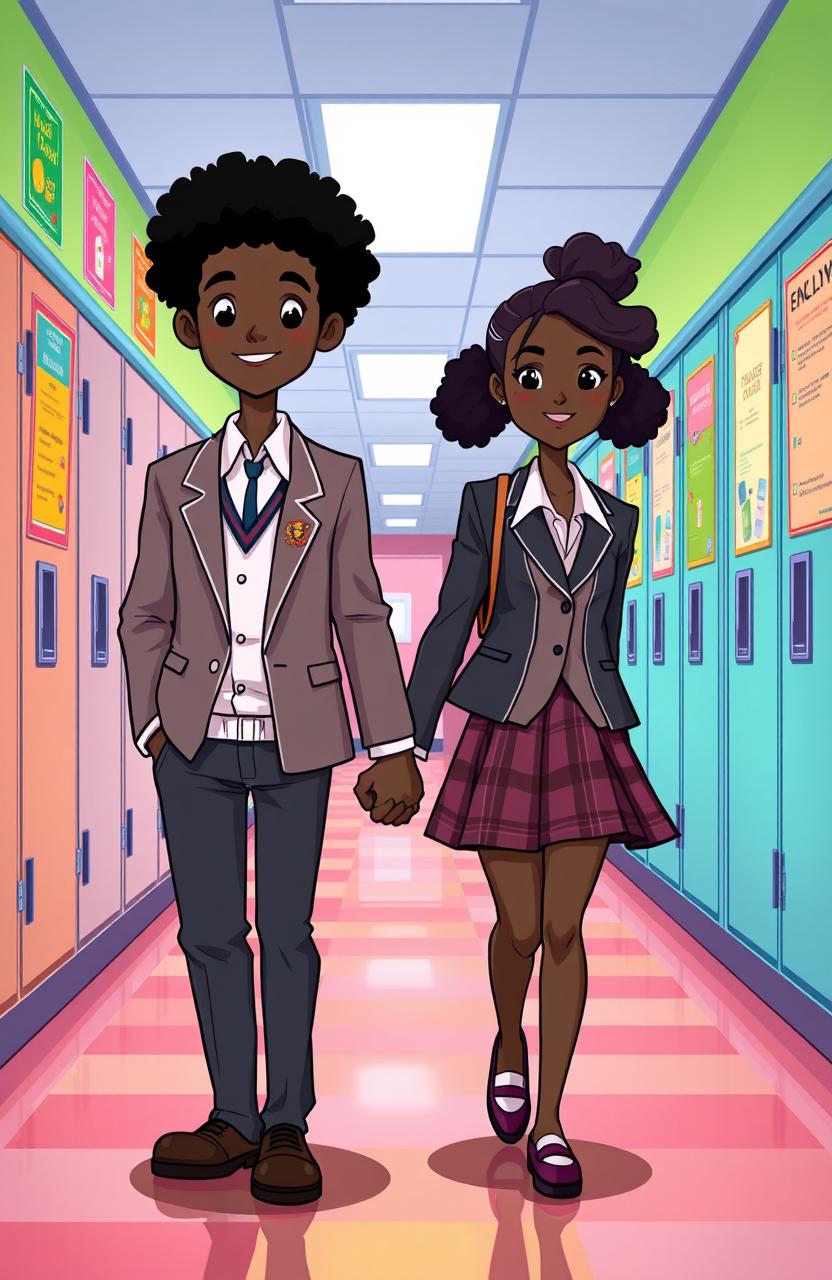 A vibrant cartoon style illustration featuring a tall black boy and a black girl walking hand in hand