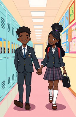 A vibrant cartoon style illustration featuring a tall black boy and a black girl walking hand in hand