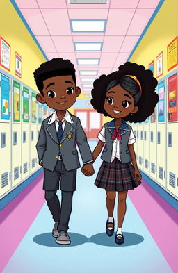 A vibrant cartoon style illustration featuring a tall black boy and a black girl walking hand in hand