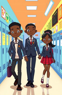 A vibrant cartoon style illustration featuring a tall black boy and a black girl walking hand in hand
