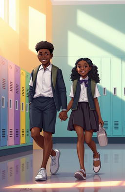 A realistic art style depicting a tall Black boy and a Black girl, both wearing stylish school uniforms, walking hand in hand
