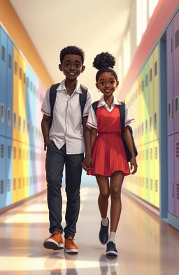 A realistic art style depicting a tall Black boy and a Black girl, both wearing stylish school uniforms, walking hand in hand