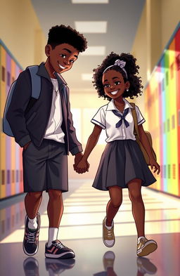 A realistic art style depicting a tall Black boy and a Black girl, both wearing stylish school uniforms, walking hand in hand