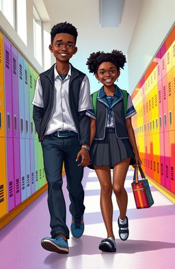 A realistic art style depicting a tall Black boy and a Black girl, both wearing stylish school uniforms, walking hand in hand