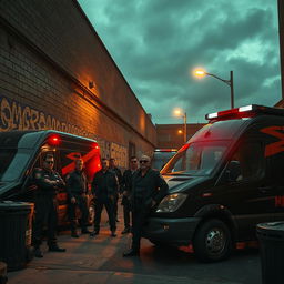 A dramatic scene depicting the inner workings of an ambulance mafia in an urban setting