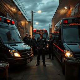 A dramatic scene depicting the inner workings of an ambulance mafia in an urban setting