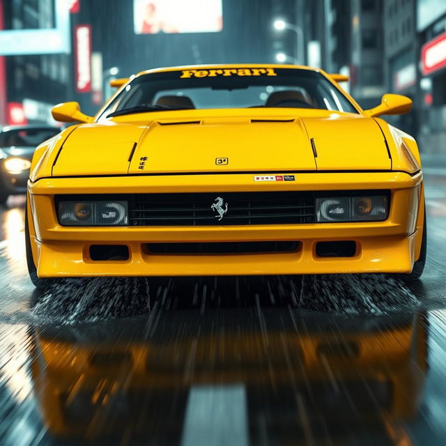 A captivating front view of a 1992 Ferrari 512 Testarossa, strikingly designed in a vivid yellow color, showcasing a Japanese tuning race style