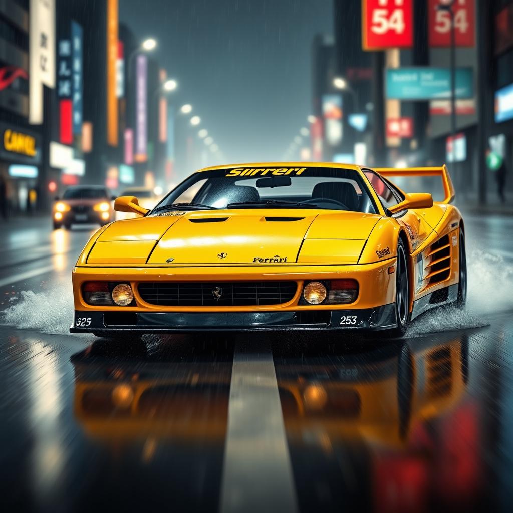 A captivating front view of a 1992 Ferrari 512 Testarossa, strikingly designed in a vivid yellow color, showcasing a Japanese tuning race style