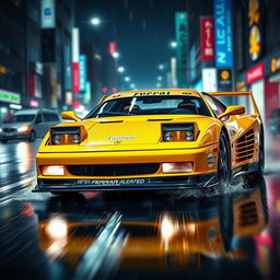 A captivating front view of a 1992 Ferrari 512 Testarossa, strikingly designed in a vivid yellow color, showcasing a Japanese tuning race style