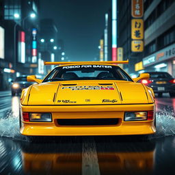 A captivating front view of a 1992 Ferrari 512 Testarossa, strikingly designed in a vivid yellow color, showcasing a Japanese tuning race style