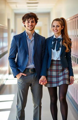 A beautiful man and woman holding hands, both dressed in stylish school uniforms