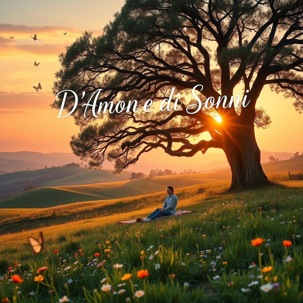 A picturesque scene embodying modern bucolic love poetry, titled 'D'Amore e di Sogni'