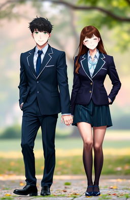 A beautiful man and woman holding hands, dressed in stylish private school uniforms