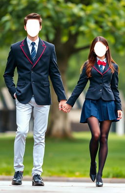 A beautiful man and woman holding hands, dressed in stylish private school uniforms