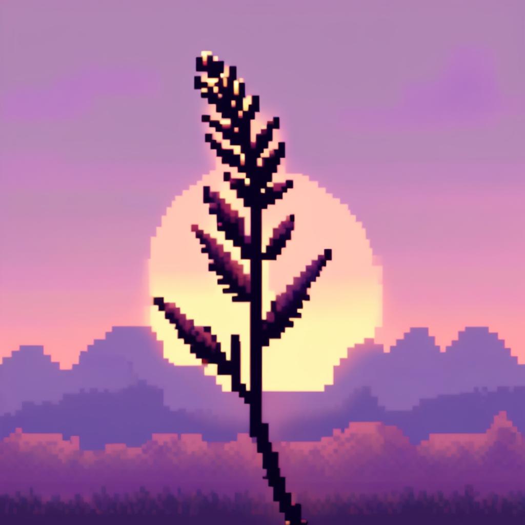 Pixel art PFP featuring a delicate lavender sprig against a pastel sunset background.