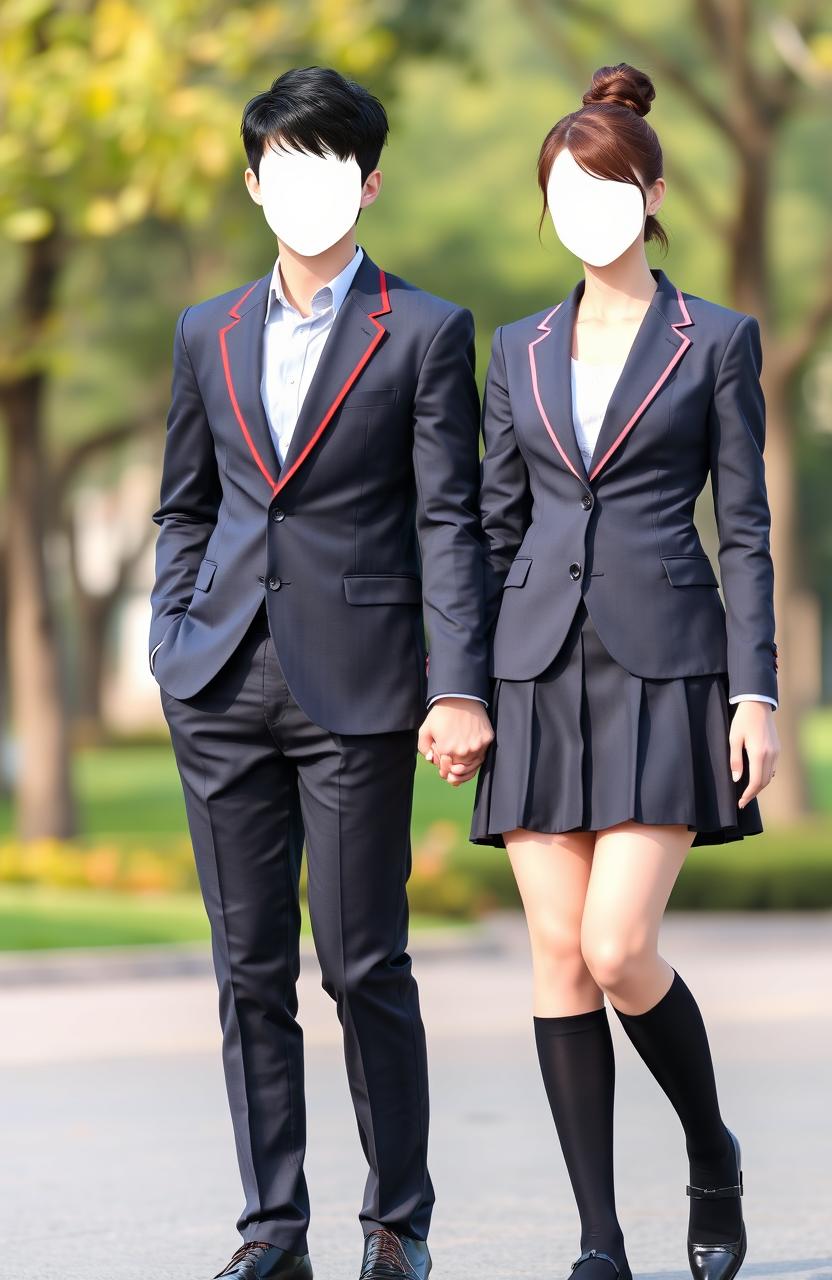 A beautiful man and woman holding hands, dressed in stylish private school uniforms