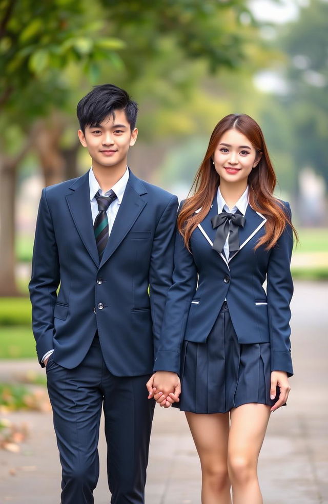 A beautiful man and woman holding hands, dressed in stylish private school uniforms